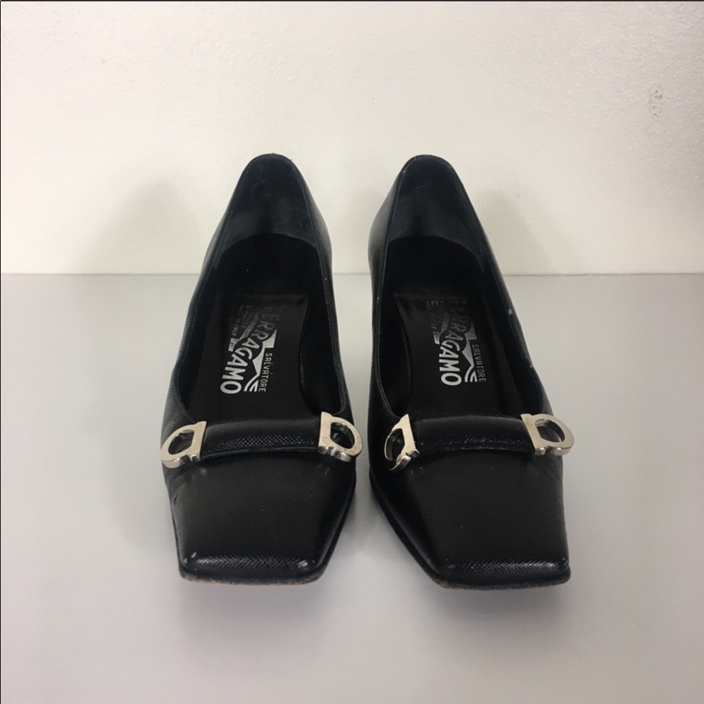 Salvatore Ferragamo Black Leather Square Toe Heels
